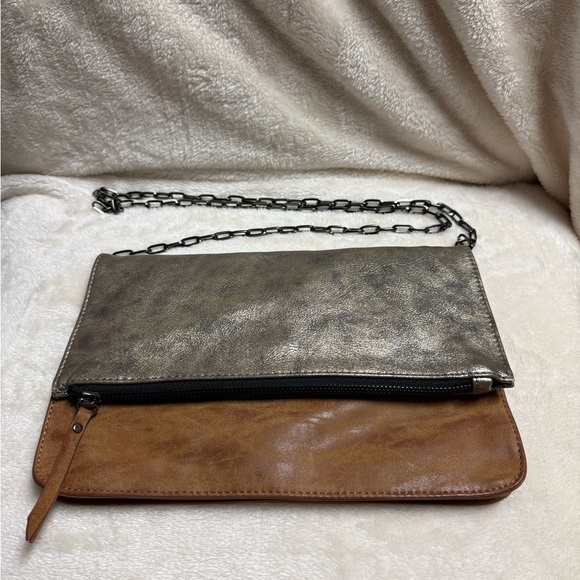 Madison West Handbags - Madison West Bronze and Tan Clutch